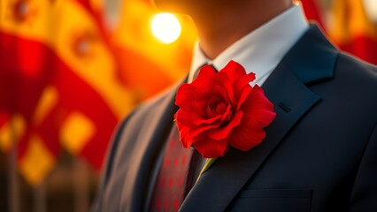 Red carnation on a dark blue suit lapel with golden sunlight, celebrating Spain National Day.