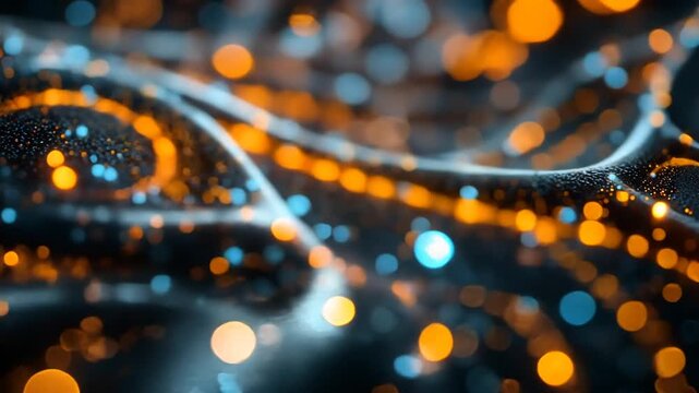 Abstract dark flowing wave adorned with glowing orange blue particles visual effect for tech futuristic design modern digital art concept