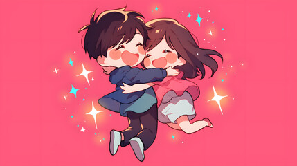 chibi anime couple hugging with joy girl jumping