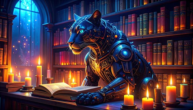 Cybernetic cat in a library