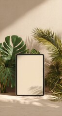 Digital tablet surrounded by tropical plants in a sunlit beige environment