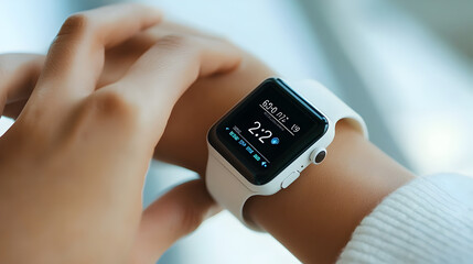 A person wearing a white apple watch with a black screen displaying the time on their wrist close up