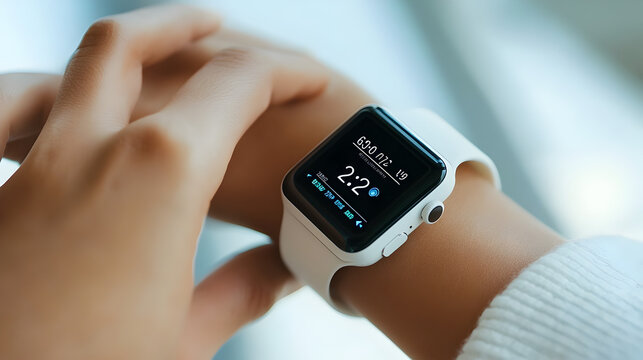 A person wearing a white apple watch with a black screen displaying the time on their wrist close up