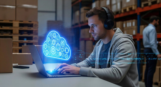 man in a warehouse using a laptop with a glowing cloud computing interface, symbolizing logistics, data management, and digital transformation. Ideal for tech, supply chain, and e-commerce themes.
