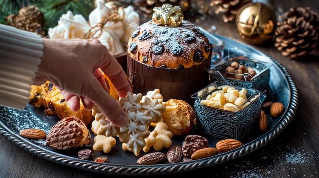 Festive tray arrangement featuring panettone fruitcake cookies and nuts for a holiday celebration