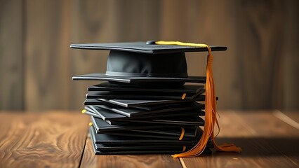 A neat stack of graduation caps on a wooden surface, radiating a sense of achievement and celebration.