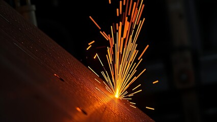 Close-up of glowing orange sparks on textured metal in a dark industrial environment.