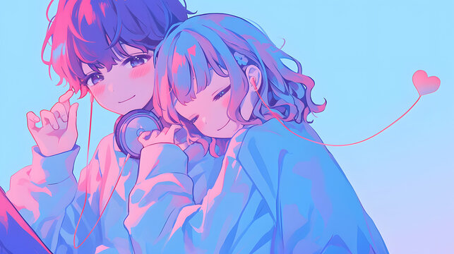 chibi anime couple sharing earphones listening