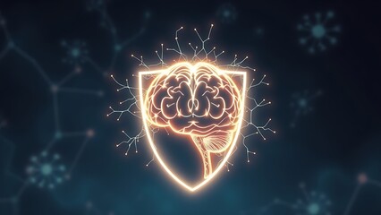 A glowing neuron network forming a protective shield around an abstract brain silhouette with vegetable-shaped constellations.