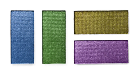 Fototapeta premium Different eyeshadow in refill pans on white background, set. Palette of shades