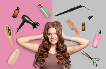 Young girl with beautiful hair on color background. Different hair care products and tools flying...