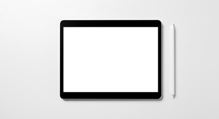 Digital tablet with empty white display and stylus pen, flat lay on minimalist background