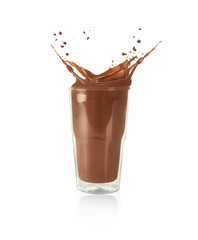 Chocolate milk splashing in glass on white background