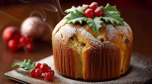 Close up of a panettone cake decorated with holly leaves and red berries on a plate with ornaments