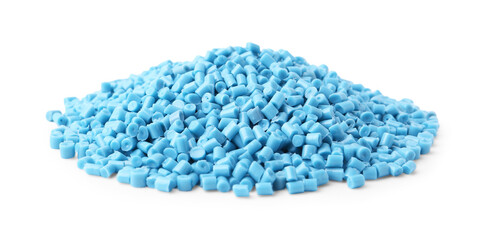 Pile of light blue plastic granules isolated on white