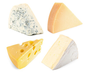 Different kinds of cheese isolated on white, set