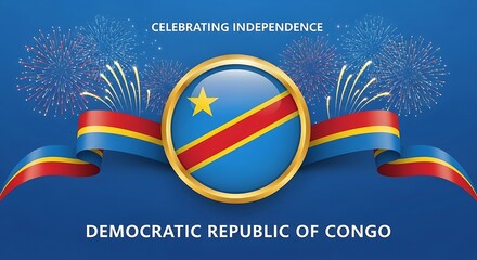 Democratic Republic of Congo Independence Day Celebration with Fireworks and Flag.