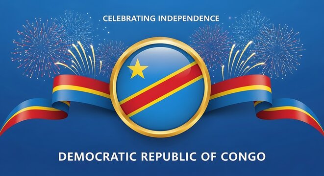 Democratic Republic of Congo Independence Day Celebration with Fireworks and Flag.