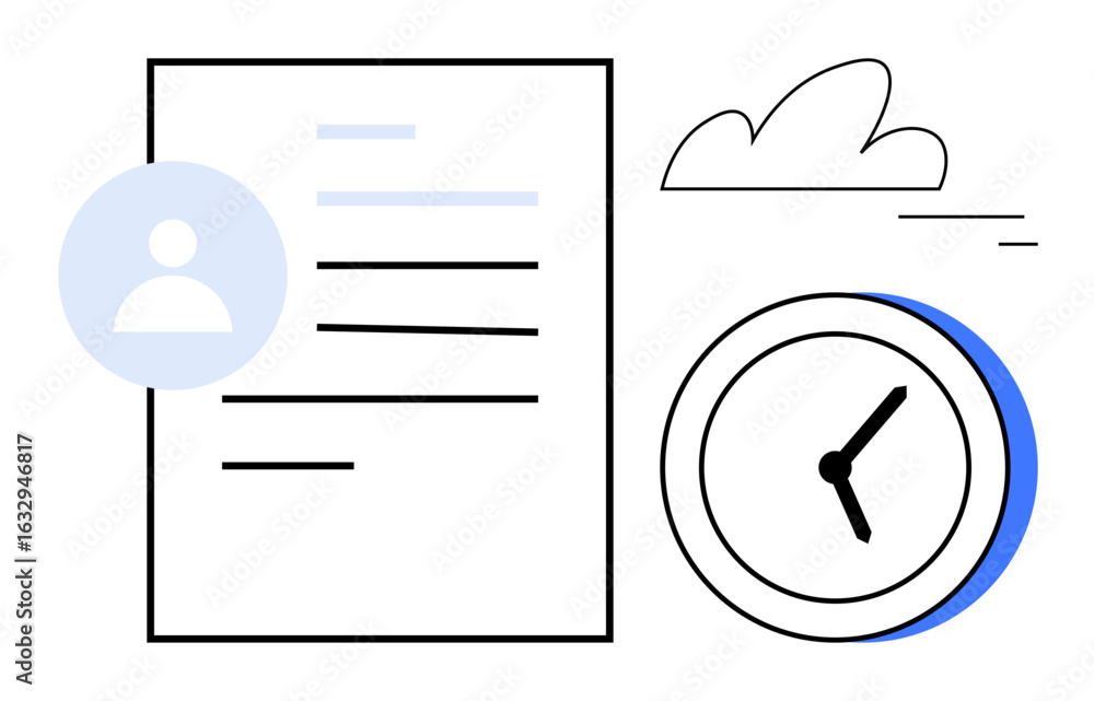 Poster document with user profile icon, analog clock, and cloud outline emphasizing time management, produc