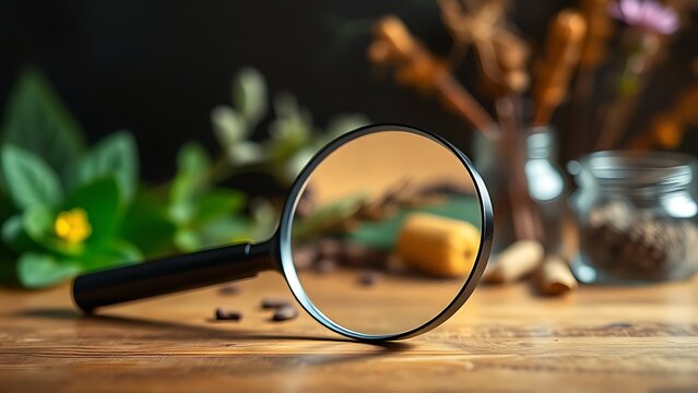 A magnifying glass on a wooden surface with blurred botanical specimens in the background.