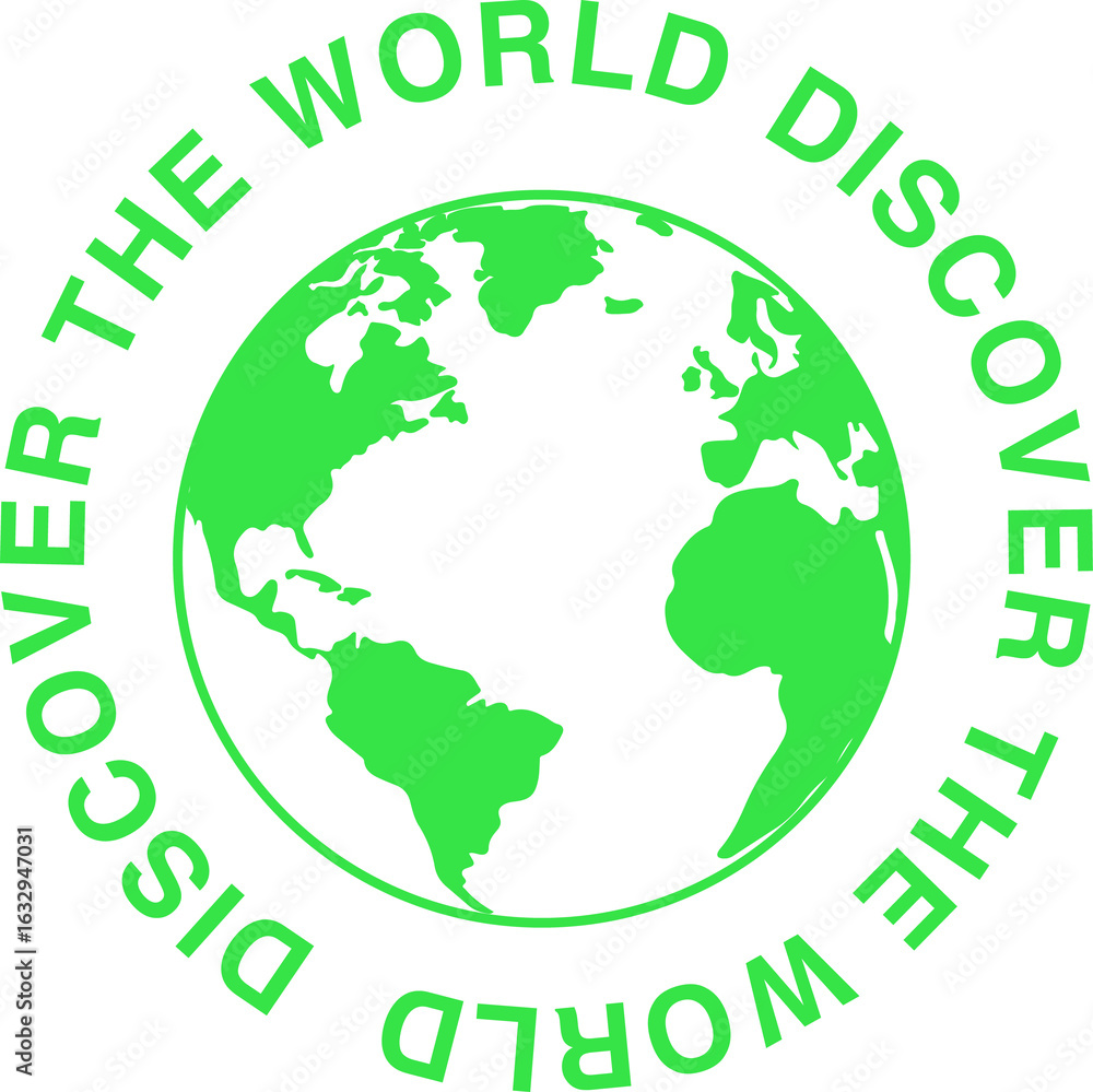 Poster displaying green globe in flat graphic featuring discover world text ring on transparent background
