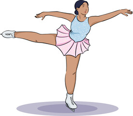 Skater is performing arabesque in flat design, transparent background, white skates, purple shadow