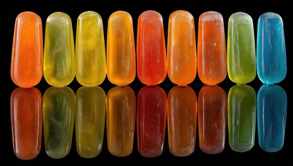 Colorful oblong candies in a spectrum of colors, reflected on a black surface