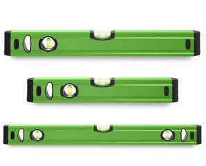 Green bubble levels isolated on white, set. Building measuring instrument