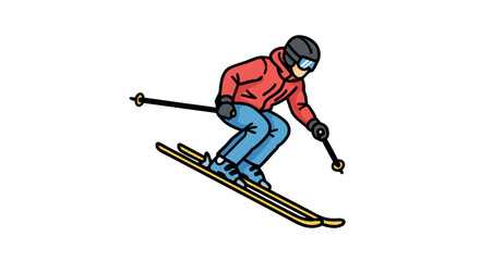 Dynamic Cartoon Illustration of a Skier in Action, Isolated on a Pristine White Background Displaying Movement and Energy