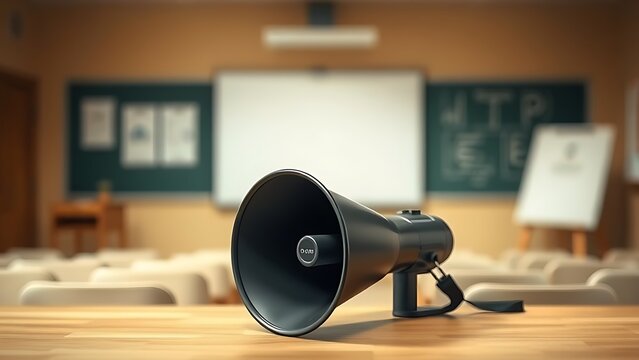 A megaphone sits on a wooden surface, with a softly blurred classroom in the background.