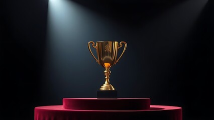 Golden trophy on a velvet podium under dramatic spotlight in an elegant setting.