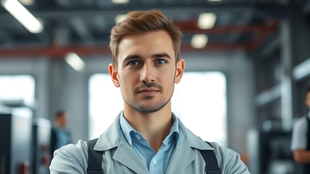 Technical specialist in a modern environment with soft industrial lighting.