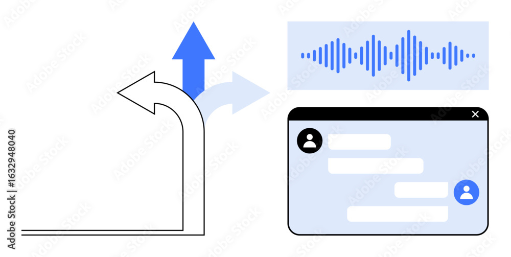 Poster curved arrow workflow, upward blue arrow, chat interface with user icons, waveform audio signal. ide