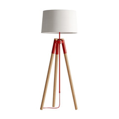 A modern tripod floor lamp featuring a white shade and red details, with wooden legs, suitable for home interior lighting.