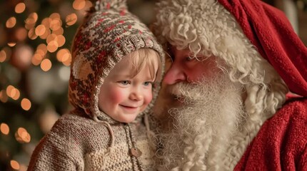 A smiling toddler in a hooded sweater with santa claus in front of a christmas tree with lights on - Powered by Adobe