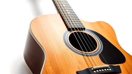 Fototapeta premium Acoustic guitar isolated on white background, highlighting detailed wood texture and musical craftsmanship.