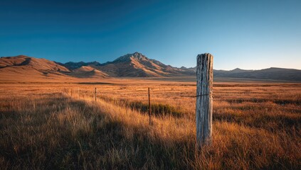 Golden, open landscape with distant mountain range and weathered fence post
