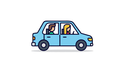 Fototapeta premium Stylized illustration depicting two individuals enjoying a ride in a modern light blue car on an adventure outdoors together with a clean white