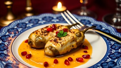 Traditional kueh lapis dessert with red and white frosting patterns on marble plate.