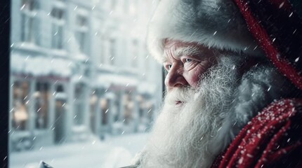 Santa claus looking out a window at a snowy city street with white gloves and red coat in winter time - Powered by Adobe