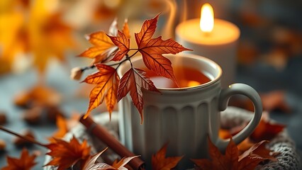 Maple leaf garland draped over a steaming spiced cider mug, illuminated by soft candlelight for cozy warmth.