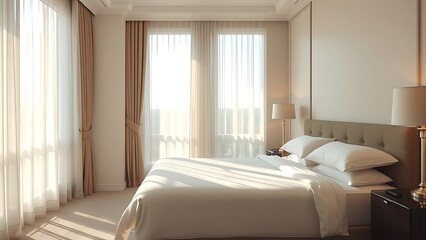 A serene hotel bedroom bathed in morning sunlight, featuring a neatly made bed and soft tones.