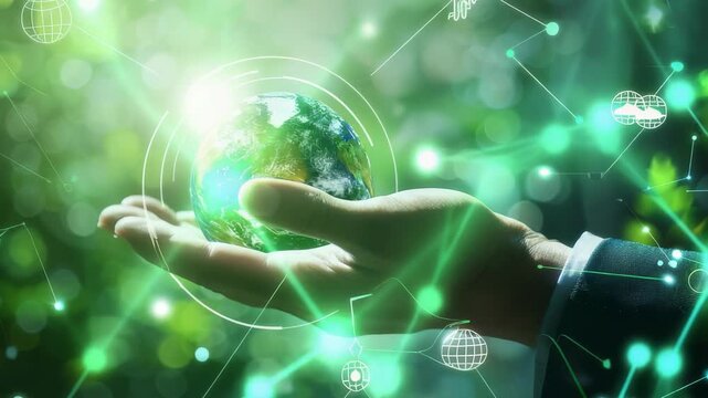 Hand gently supports globe, encircled by digital networks. Green leaves form background, symbolizing environmental awareness, tech integration, sustainability for future.[176 chars]