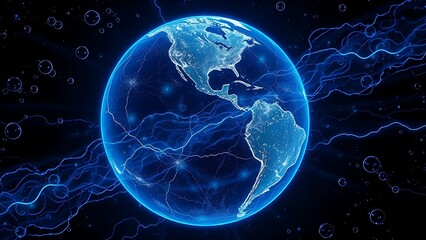 Earth's magnetic field depicted as luminous blue veins, pulsing alongside floating oxygen bubbles.