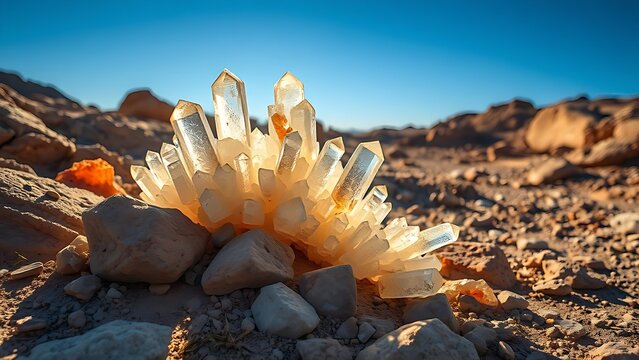 Crystalline structures sprouting from desert rocks, bending light into undiscovered color spectrums.