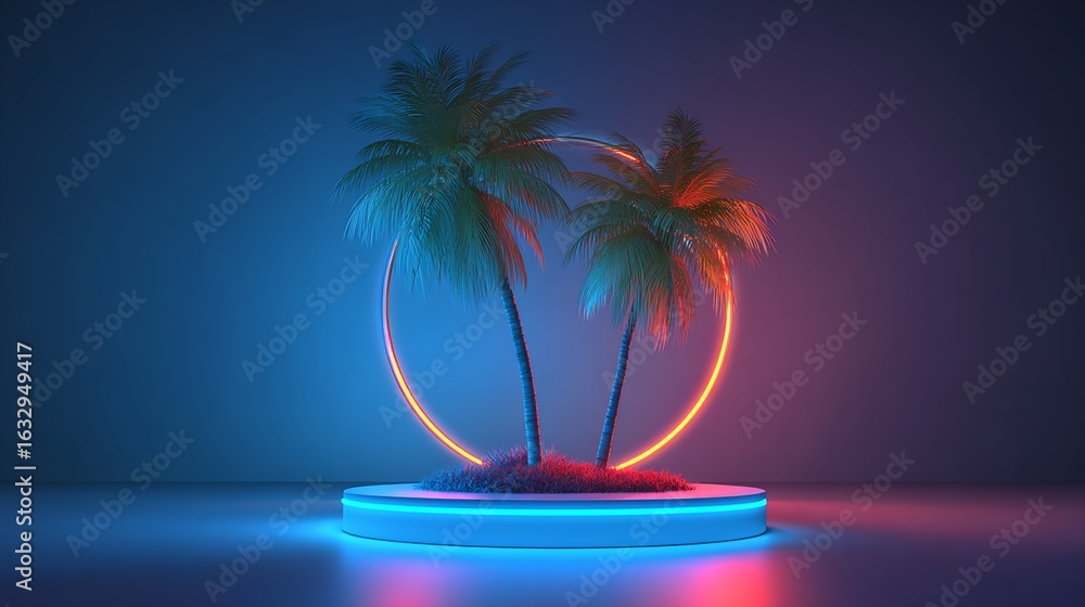 Aufkleber digital render: palm trees on illuminated platform with neon ring