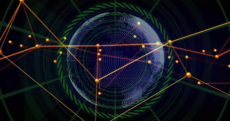 Rotating dotted globe in virtual HUD, with green rings, orange yellow lines and glowing nodes