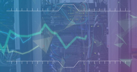 Showing central network server rack operating in data center with Ethernet cables and graph overlay