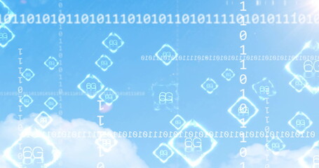 Floating holographic 6G icons and binary code streams overlaying open sky, virtual network theme