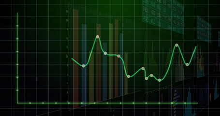Green polyline chart rising in interface, with grid axes, circular markers, bars and numeric panels